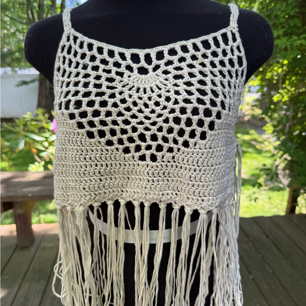 NWT Anthropologie Cream Crochet Fringe Crop Top